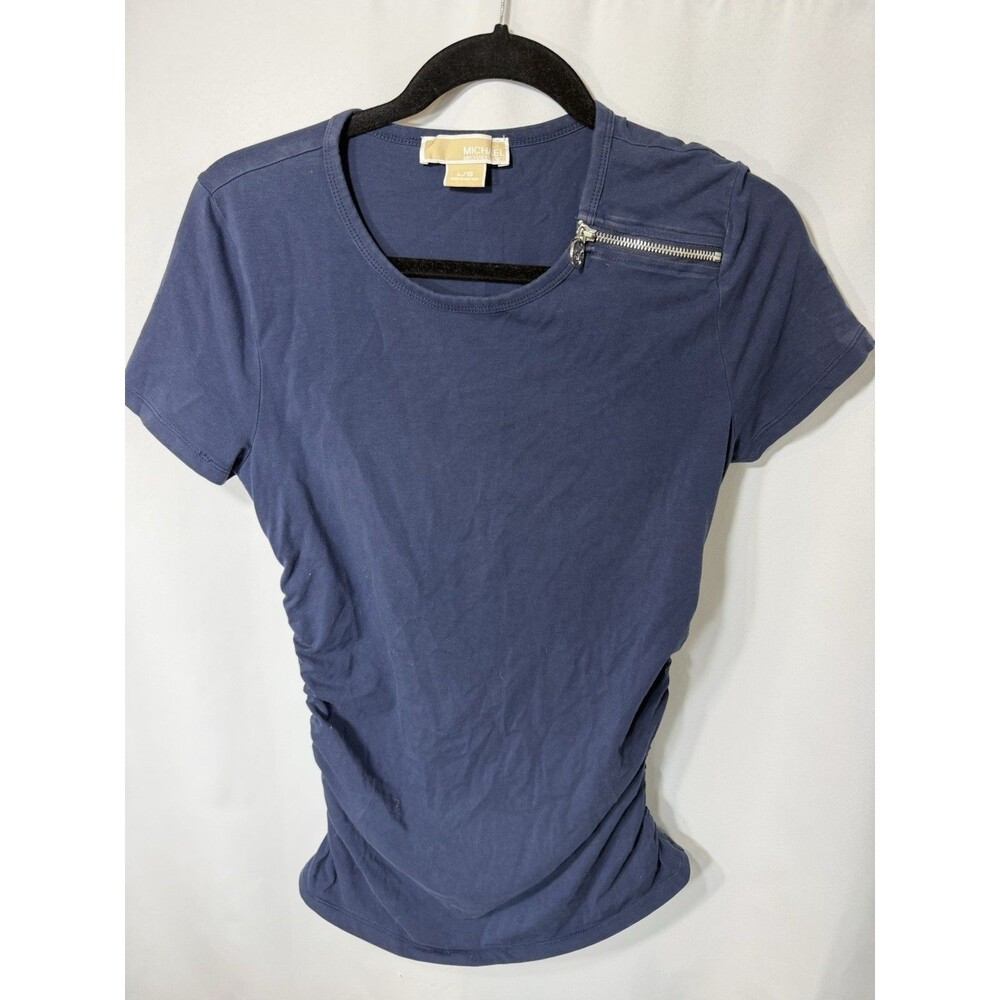 Michael Kors Women's Navy Blue Short Sleeve Zippered Polo Shirt Size L